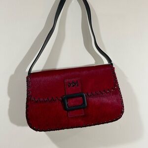 Chic Red Pony Hair Leather Shoulder Bag with Edgy Black Stitching